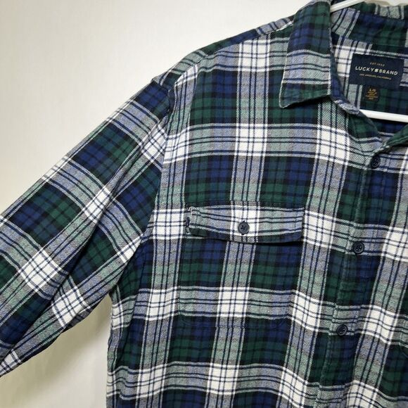 Lucky Brand Button Up Flannel Shirt Mens Size Large Green Blue Plaid Long Sleeve - Picture 8 of 12